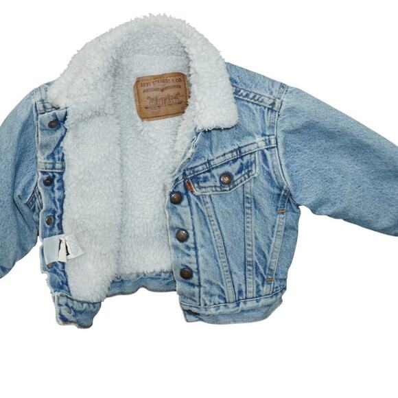 Vintage Levi’s Kids Sherpa Denim Jacket 3T Orange Tab Trucker Jean Coat - Picture 3 of 5
